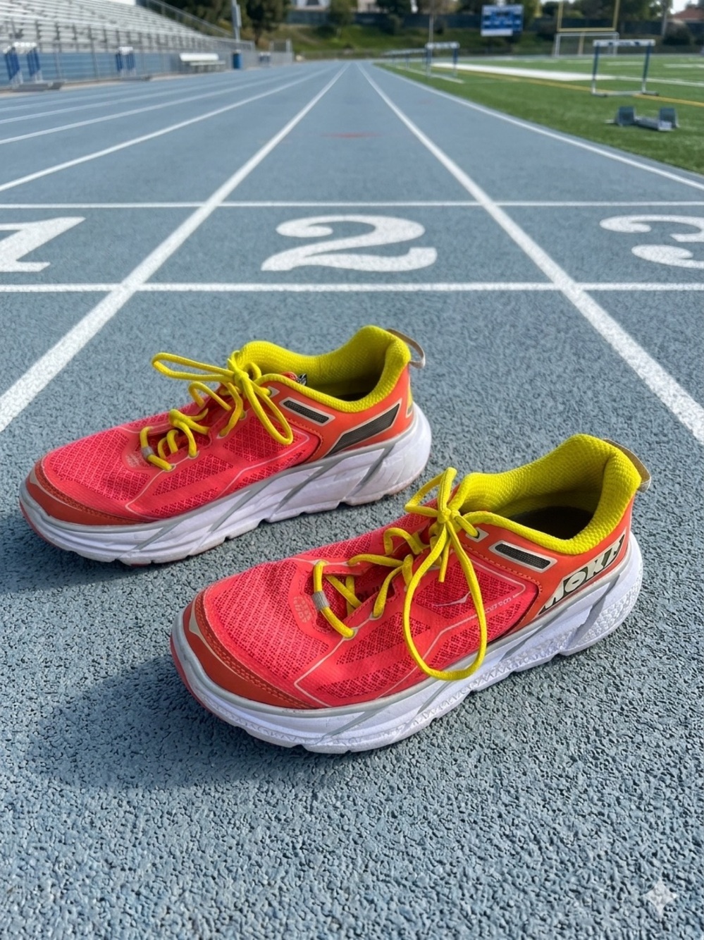 Hoka Women's Coral Pink and Yellow Running Shoes